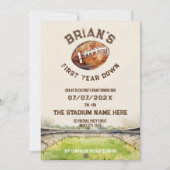 スポーツサッカーの最初の年ダウン男の子1歳の誕生日 招待状 (正面)