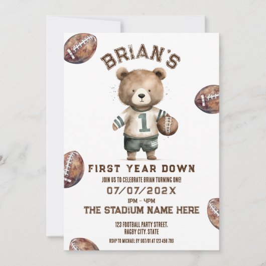 スポーツサッカーの最初の年ダウン男の子1歳の誕生日 招待状 (正面)