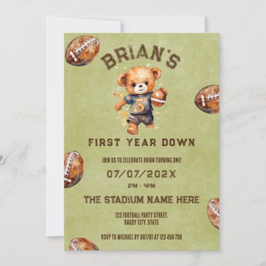 スポーツサッカーの最初の年ダウン男の子1歳の誕生日 招待状 (正面)