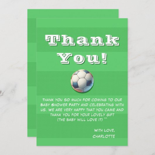 スポーツサッカー男の赤ちゃんシャワー サンキューカード (正面/裏面)