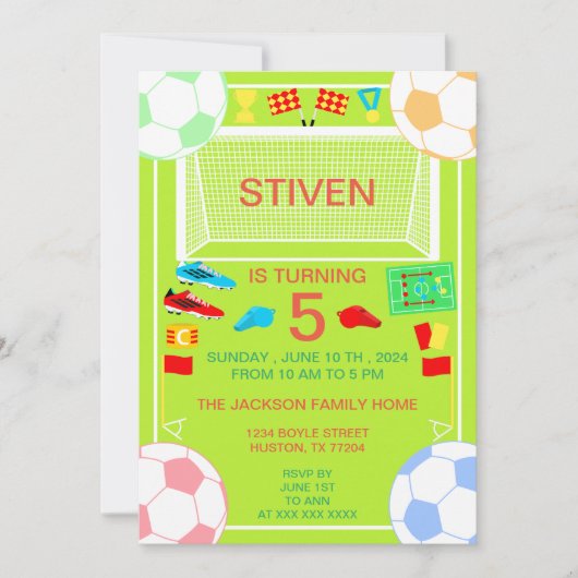 スポーツサッカー誕生日カラフル招待状 招待状 (正面)