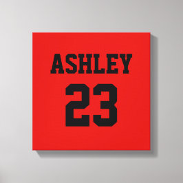 スポーツジャージーの番号と名前パーソナライズされた赤 キャンバスプリント