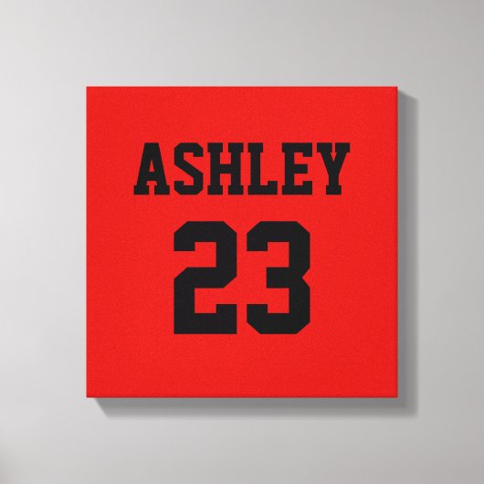 スポーツジャージーの番号と名前パーソナライズされた赤 キャンバスプリント (正面)