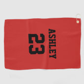 スポーツジャージーの番号と名前パーソナライズされた赤 ゴルフタオル (横)