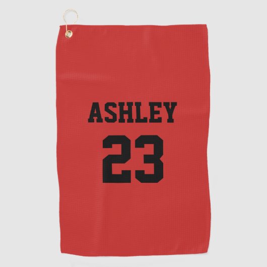スポーツジャージーの番号と名前パーソナライズされた赤 ゴルフタオル (正面)