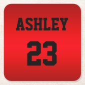 スポーツジャージーの番号と名前パーソナライズされた赤 スクエアペーパーコースター (正面)