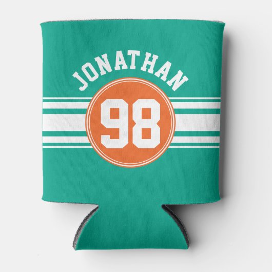 スポーツジャージーストライプズのエメラルド&オレンジの名前番号 缶クーラー (正面)