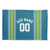 スポーツジャージーティール（緑がかった色）とストライプグリーンの名前番号 枕カバー (裏面)