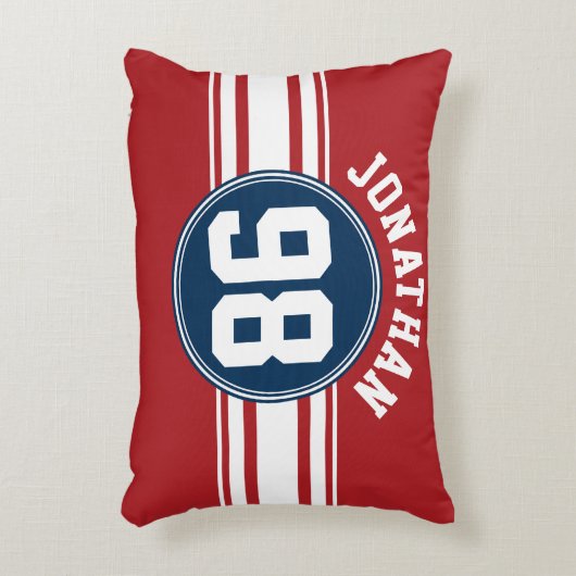 スポーツジャージーネイビーブルー&レッドストライプズ名番号 アクセントクッション (正面(垂直))