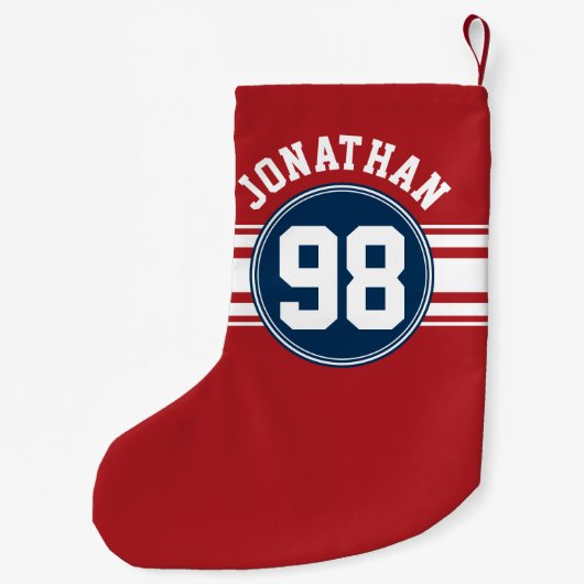 スポーツジャージーネイビーブルー&レッドストライプズ名番号 スモールクリスマスストッキング (裏面)
