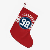 スポーツジャージーネイビーブルー&レッドストライプズ名番号 スモールクリスマスストッキング (正面 (吊り時))
