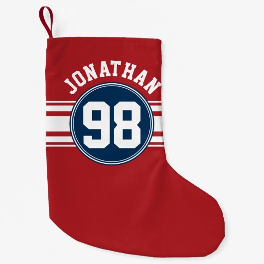 スポーツジャージーネイビーブルー&レッドストライプズ名番号 スモールクリスマスストッキング (正面)