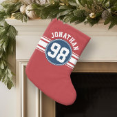 スポーツジャージーネイビーブルー&レッドストライプズ名番号 スモールクリスマスストッキング