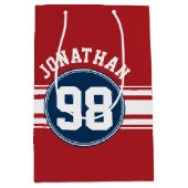 スポーツジャージーネイビーブルー&レッドストライプズ名番号 ミディアムペーパーバッグ (正面)