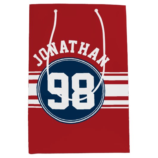 スポーツジャージーネイビーブルー&レッドストライプズ名番号 ミディアムペーパーバッグ (正面)