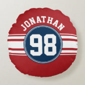 スポーツジャージーネイビーブルー&レッドストライプズ名番号 ラウンドクッション (正面)
