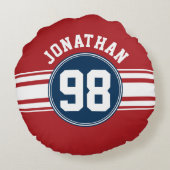 スポーツジャージーネイビーブルー&レッドストライプズ名番号 ラウンドクッション (裏面)