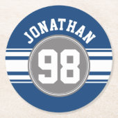 スポーツジャージーブルーとグストライプレイの名前番号 ラウンドペーパーコースター (正面)