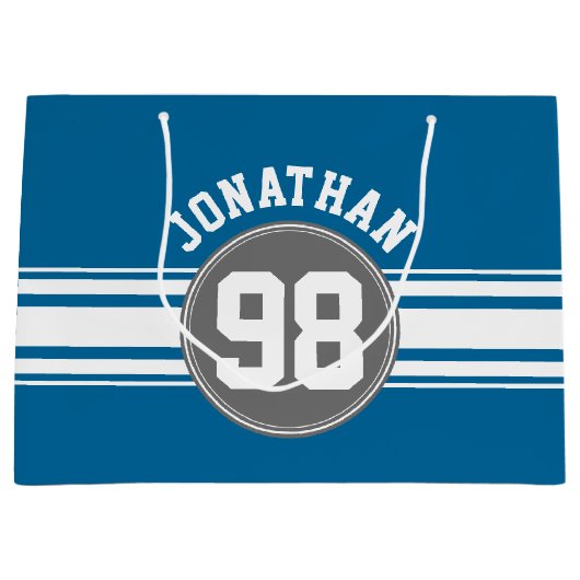 スポーツジャージーブルーとグストライプレイの名前番号 ラージペーパーバッグ (正面)