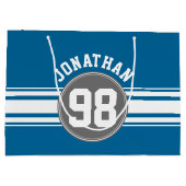 スポーツジャージーブルーとグストライプレイの名前番号 ラージペーパーバッグ (裏面)