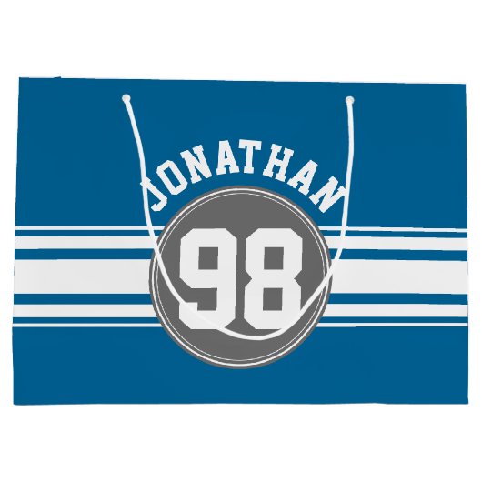 スポーツジャージーブルーとグストライプレイの名前番号 ラージペーパーバッグ (裏面)