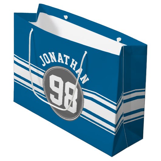 スポーツジャージーブルーとグストライプレイの名前番号 ラージペーパーバッグ (正面アングル)