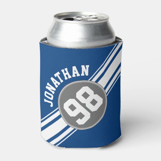 スポーツジャージーブルーとグストライプレイの名前番号 缶クーラー (缶正面)