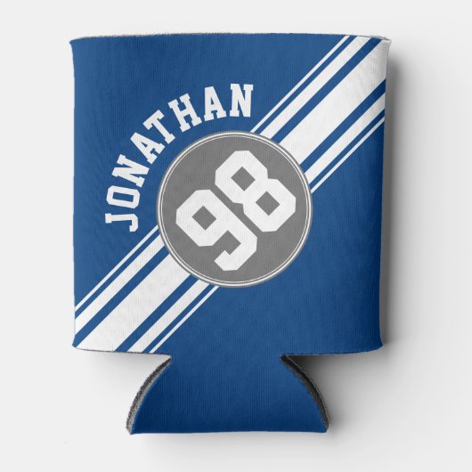 スポーツジャージーブルーとグストライプレイの名前番号 缶クーラー (正面)