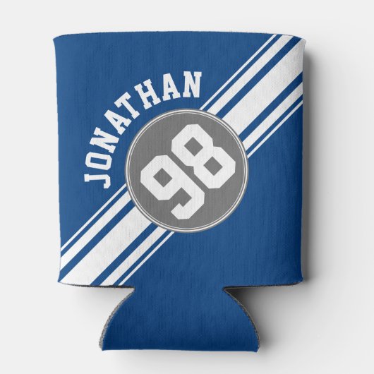 スポーツジャージーブルーとグストライプレイの名前番号 缶クーラー (裏面)