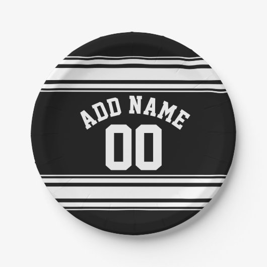 スポーツジャージー黒ストライプと白の名前番号 ペーパープレート (正面)