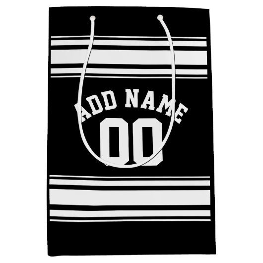 スポーツジャージー黒ストライプと白の名前番号 ミディアムペーパーバッグ (正面)