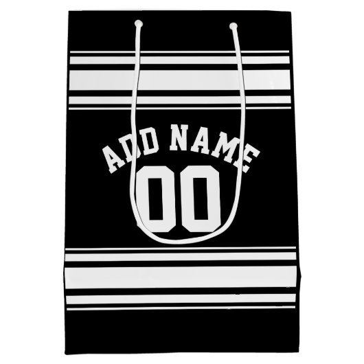 スポーツジャージー黒ストライプと白の名前番号 ミディアムペーパーバッグ (裏面)