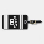 スポーツジャージー黒ストライプと白の名前番号 ラゲッジタグ (正面横)