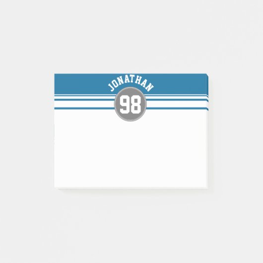 スポーツジャージー 青と灰のストライプ 名前 番号 ポストイット (正面)