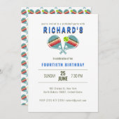 スポーツストライプのピックボールパドルバースデーパーティー 招待状 (正面/裏面)