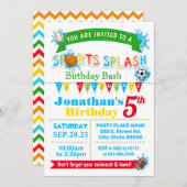 スポーツスプラッシュ誕生日の夏の水パーティー 招待状 (正面/裏面)