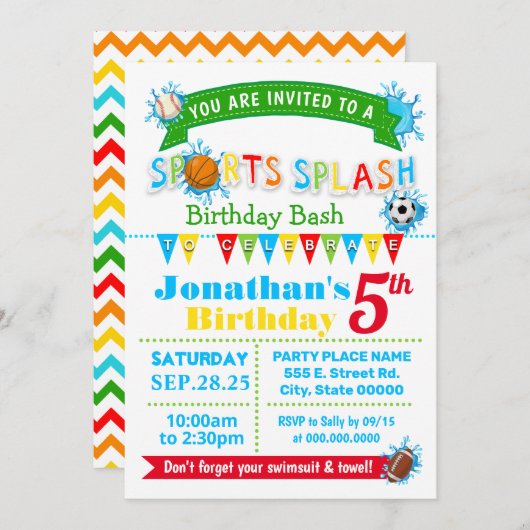 スポーツスプラッシュ誕生日の夏の水パーティー 招待状 (正面/裏面)