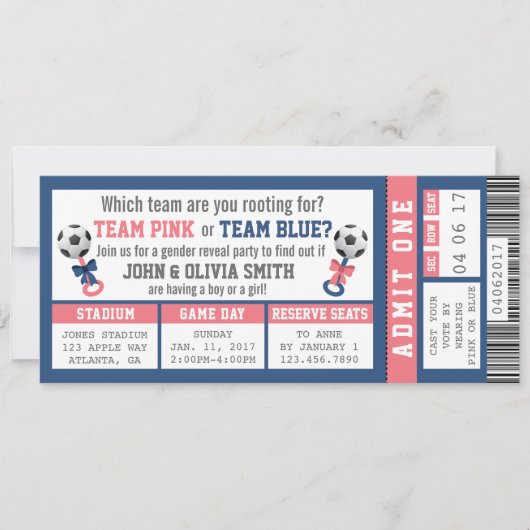 スポーツチケットジェンダーリビール招待状,サッカー 招待状 (正面)