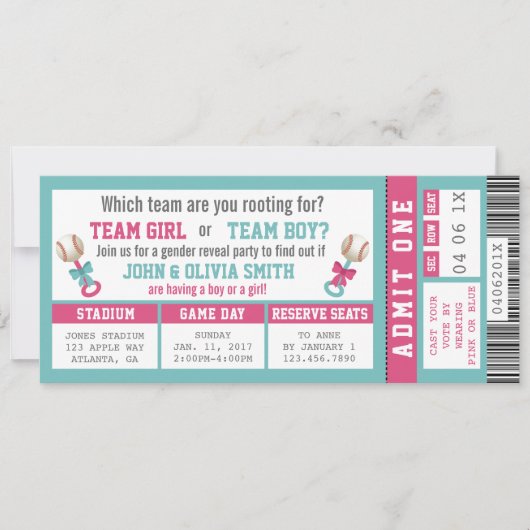 スポーツチケットジェンダーリビール招待状，野球 招待状 (正面)