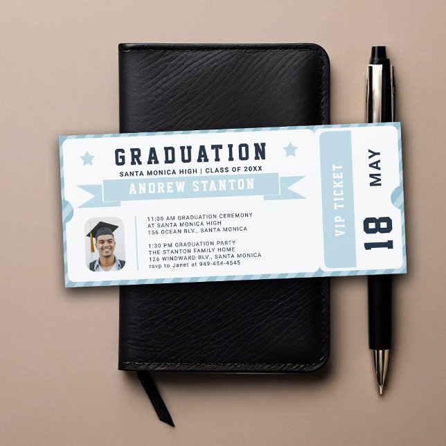 スポーツチケットネイビーブルーフォト卒業招待状 (graduation invitation high school senior boy sports themed blue navy white ticket)