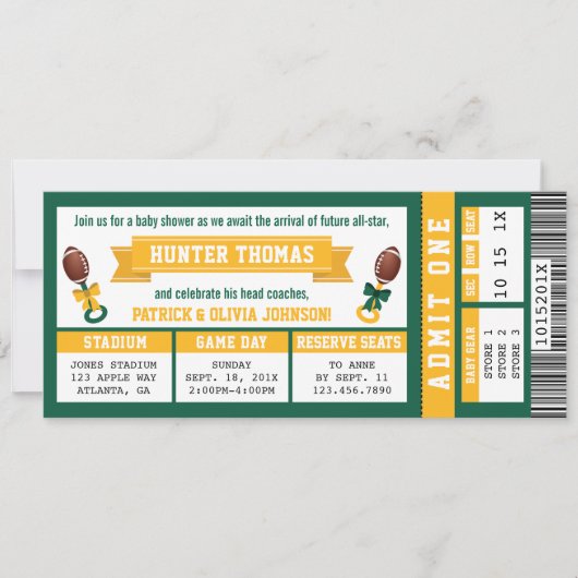 スポーツチケットベビーシャワー招待状、グリーン、金ゴールド 招待状 (正面)