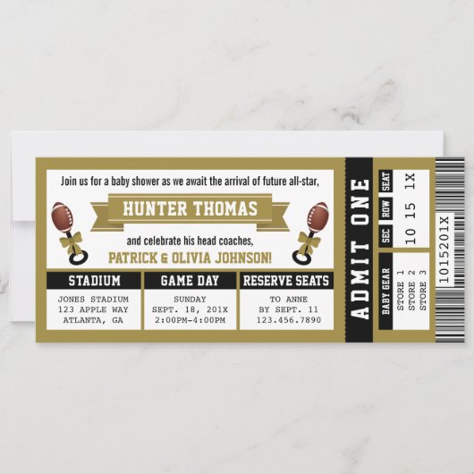 スポーツチケットベビーシャワー招待状、ブラック、金ゴールド 招待状 (正面)