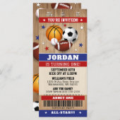 スポーツチケット招待状、スポーツ誕生日招待状 (正面/裏面)