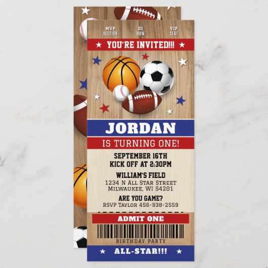 スポーツチケット招待状、スポーツ誕生日招待状 (正面/裏面)