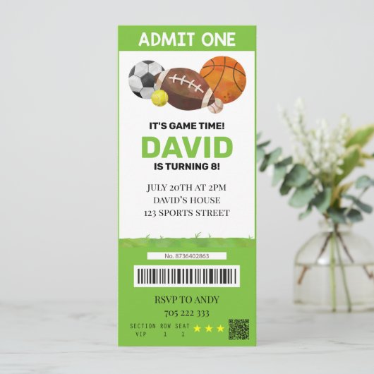 スポーツチケット誕生日ボーイパーティーチケット 招待状 (スタンド正面)