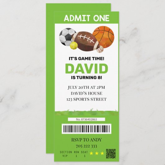 スポーツチケット誕生日ボーイパーティーチケット 招待状 (正面/裏面)