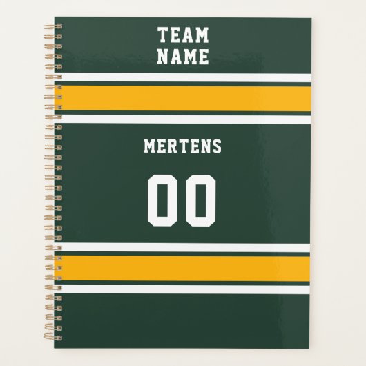 スポーツチームあなたの名前番号緑の金ゴールド白 プランナー手帳 (正面)
