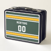 スポーツチームあなたの名前番号緑の金ゴールド白 メタルランチボックス (裏面)