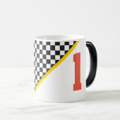 スポーツチームカラーズブラックチェッカーボード番号 モーフィングマグカップ (正面右)