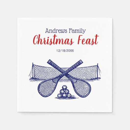 スポーツテニスネット、クロスしたラック、ボールブルー スタンダードカクテルナプキン (正面)